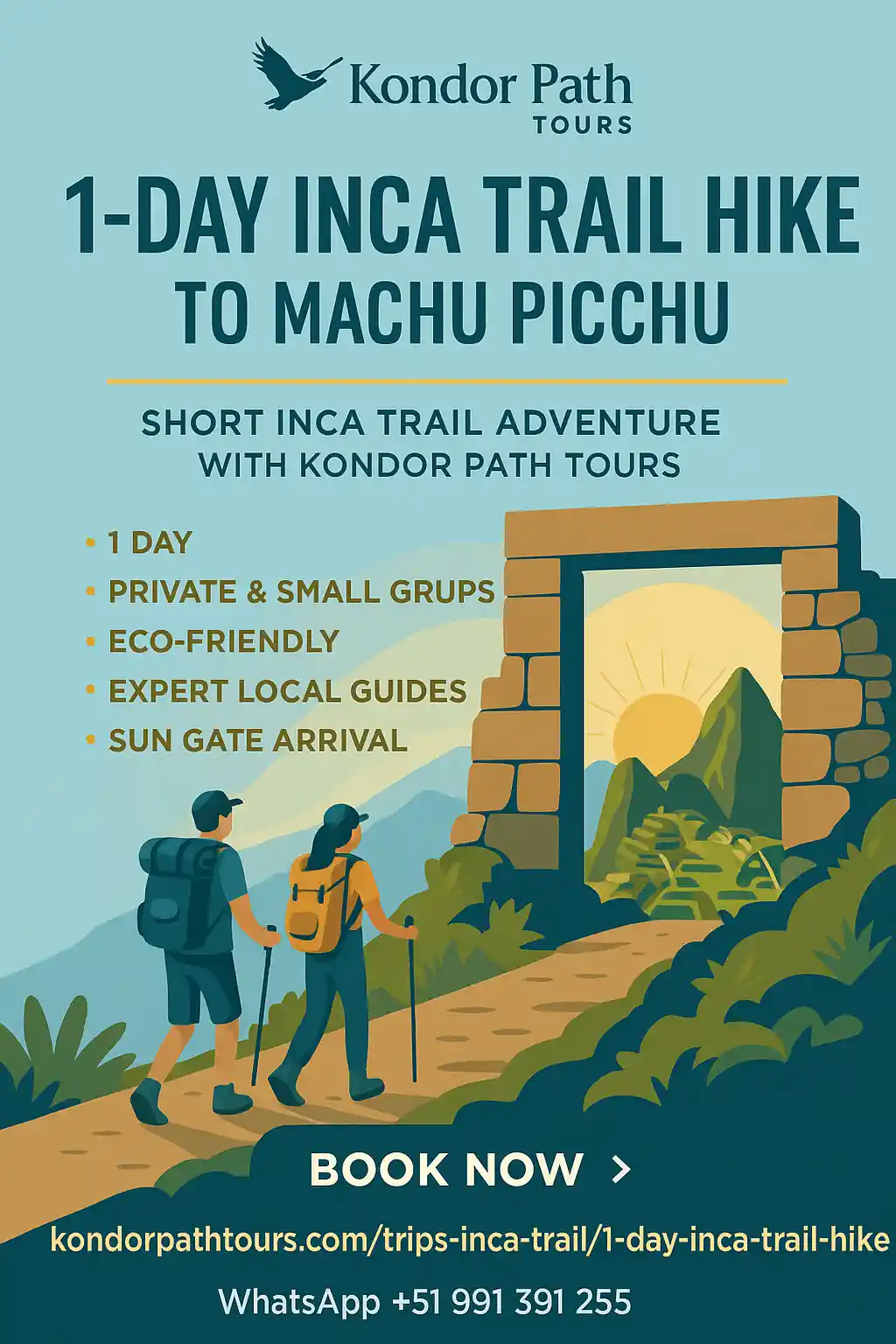 Infographic showing the 1 Day Inca Trail hike to Machu Picchu. It includes route details, elevation profile, and highlights of the trek.